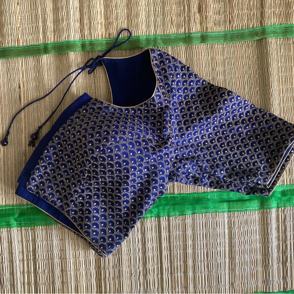 Navy Blue and Gold Embroidered Sequined Readymade Saree Blouse